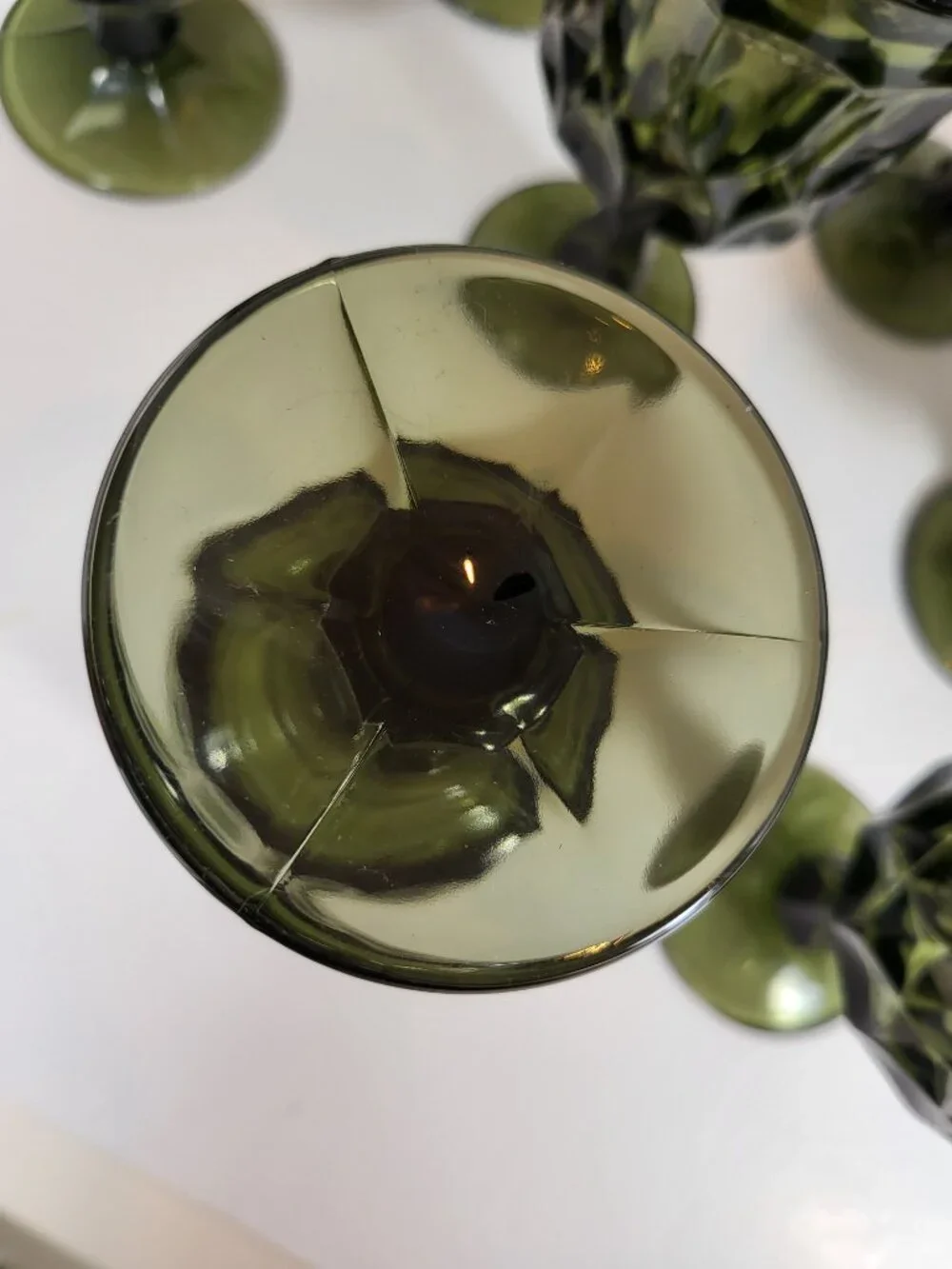Set of 9(5 Water,4 Wine)1970s Mid Century Modern Avocado Green Pressed Glass Ste